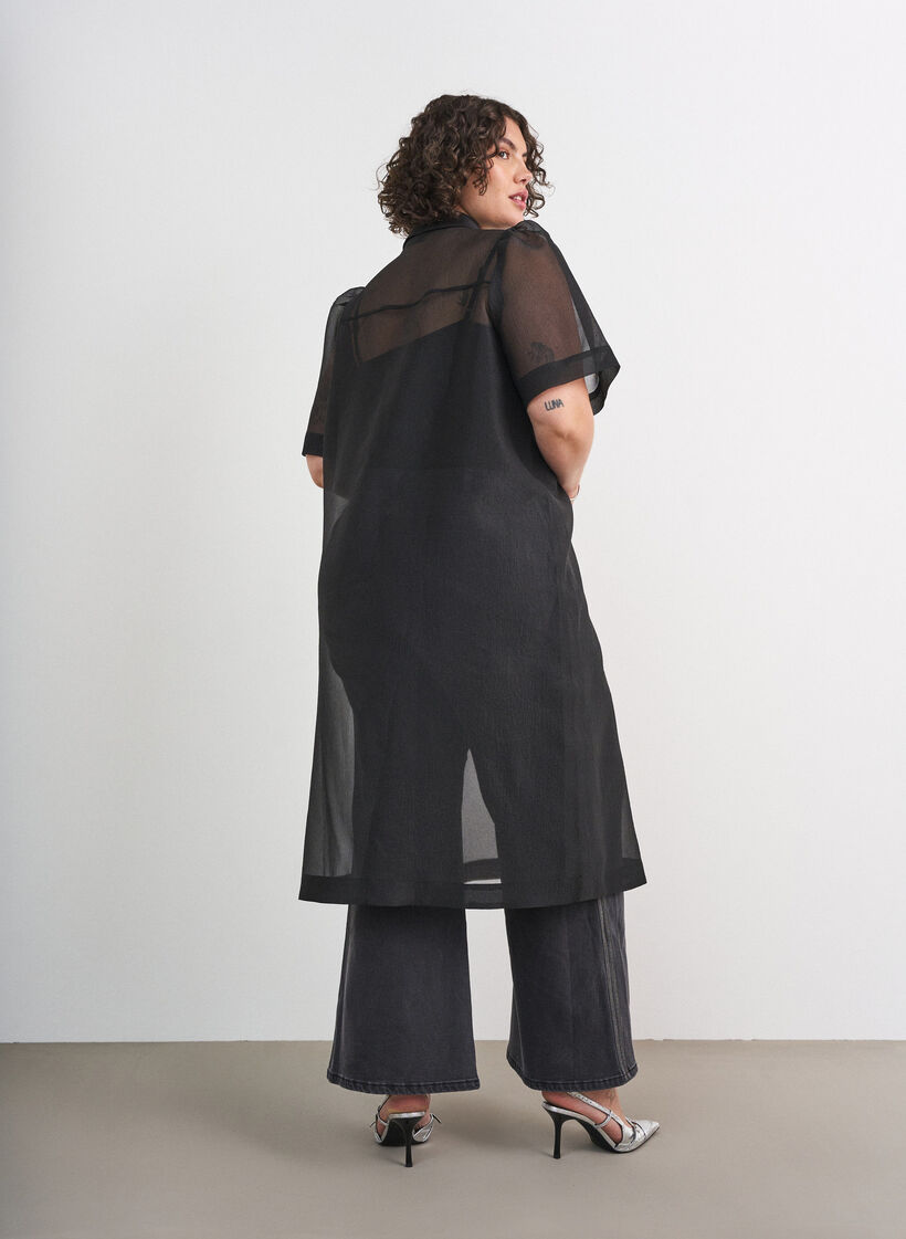 Organza jurk met puffmouwen en borstzakken, Zwart, Model image number 2