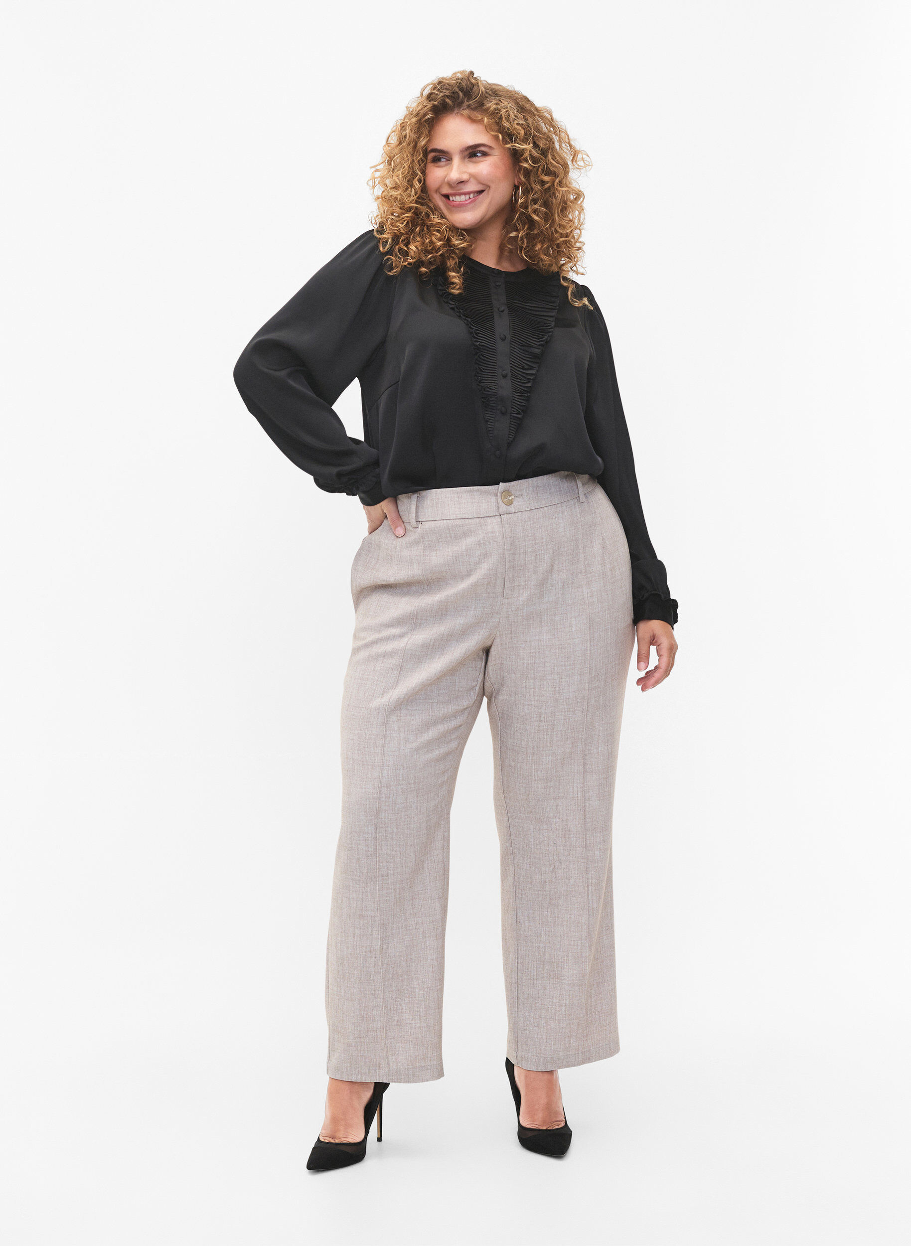 Zizzi Satijnen overhemd blouse met ruches, Black, Model image number 2