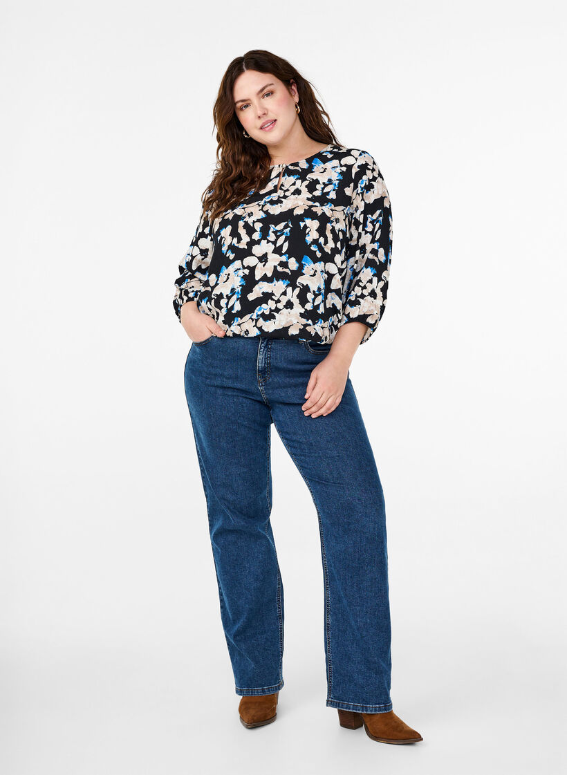 Viscose blouse met print en smok, Zwart, Model image number 1