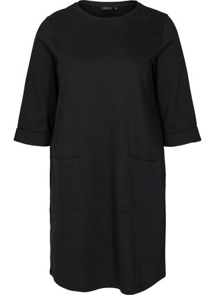Sweat jurk met 3/4 mouwen en zakken, Black, Packshot image number 0