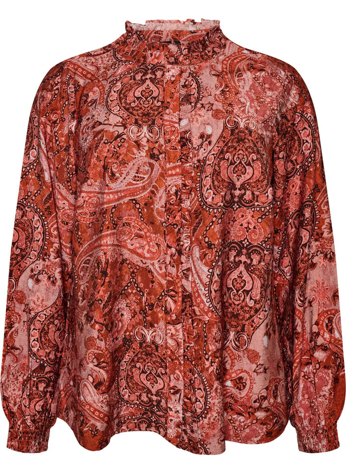 Viscose blouse met paisleyprint en ruches, Oranje, Packshot image number 0