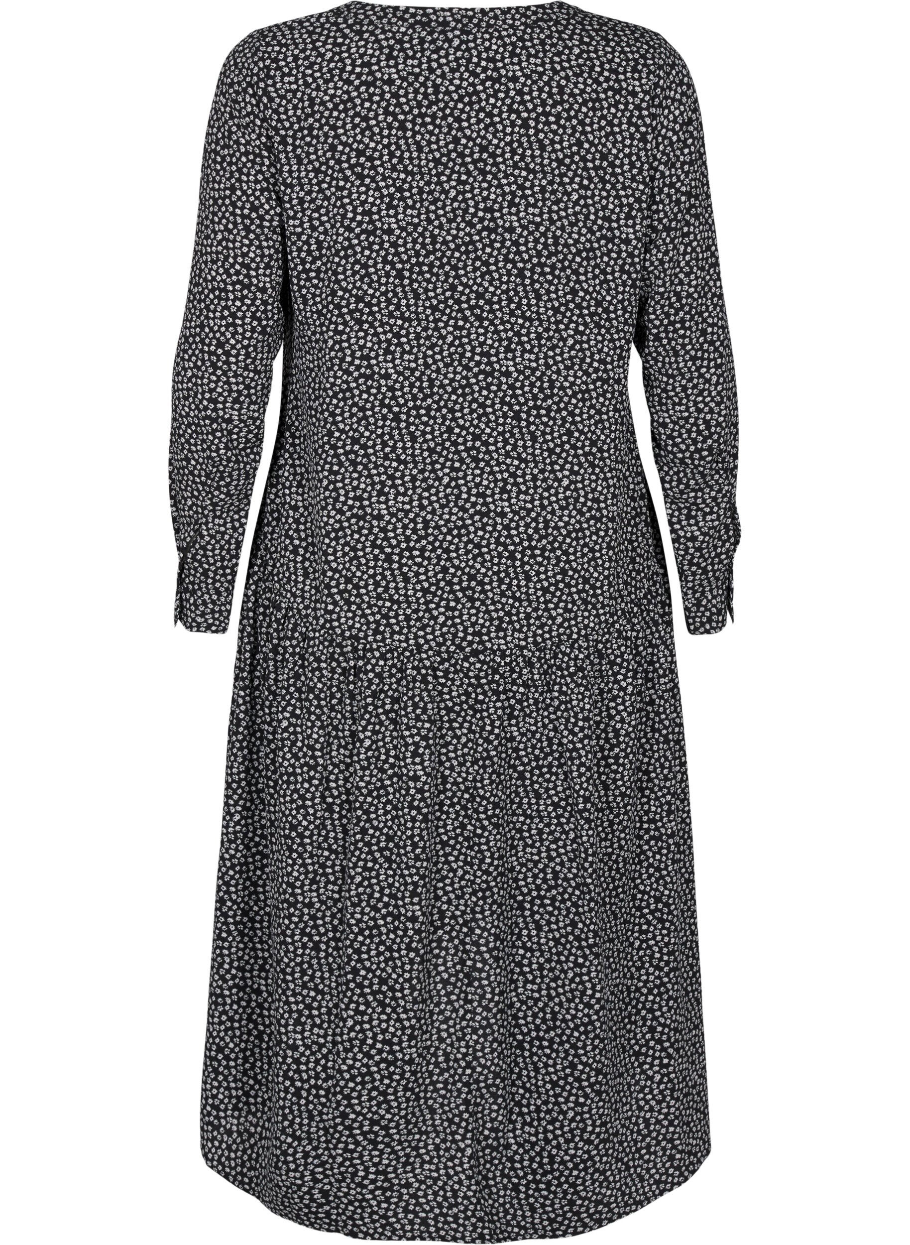 Zizzi Midi jurk met lange mouwen, Black Small Flower, Packshot image number 1