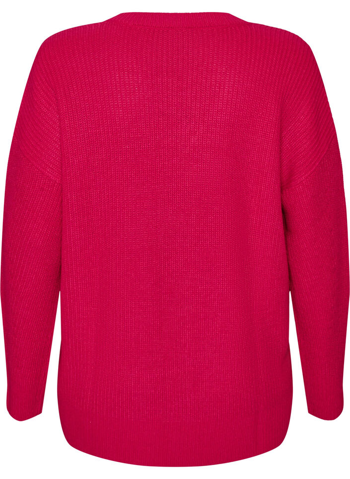 Lange ribgebreide blouse met V-hals, Roze, Packshot image number 1