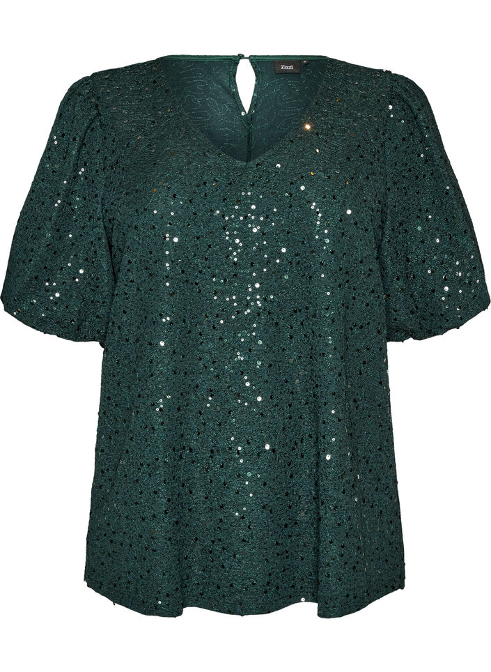 Blouse met pailletten en ballonmouwen, Groen, Packshot image number 0