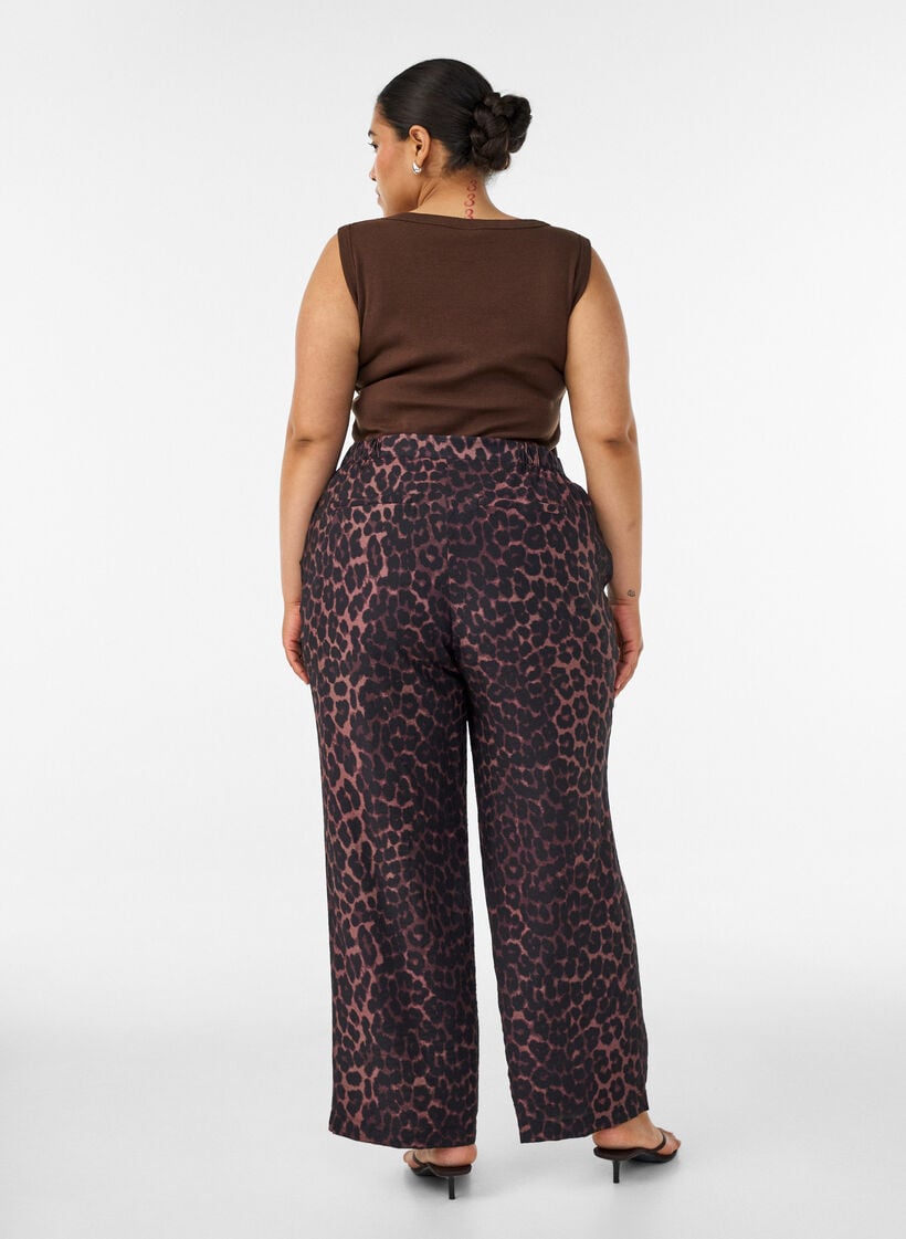 Viscose broek met elastische taille en rechte pijpen, Bruin, Model image number 1