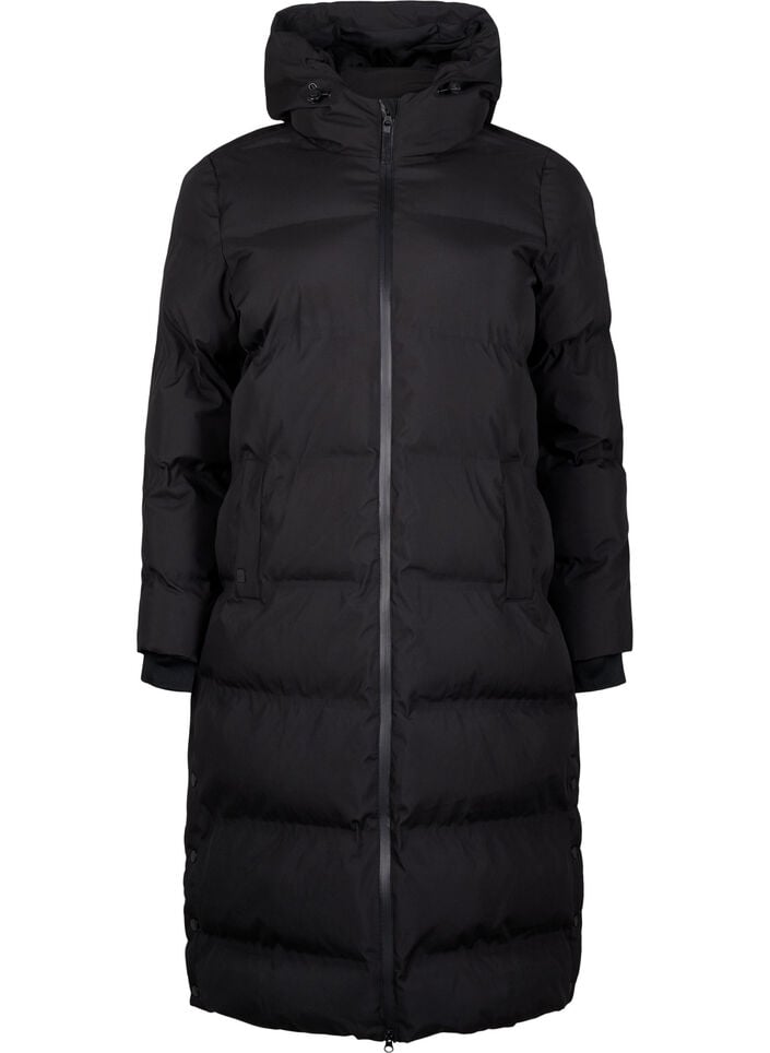 Lange puffer winterjas met capuchon, Zwart, Packshot image number 0