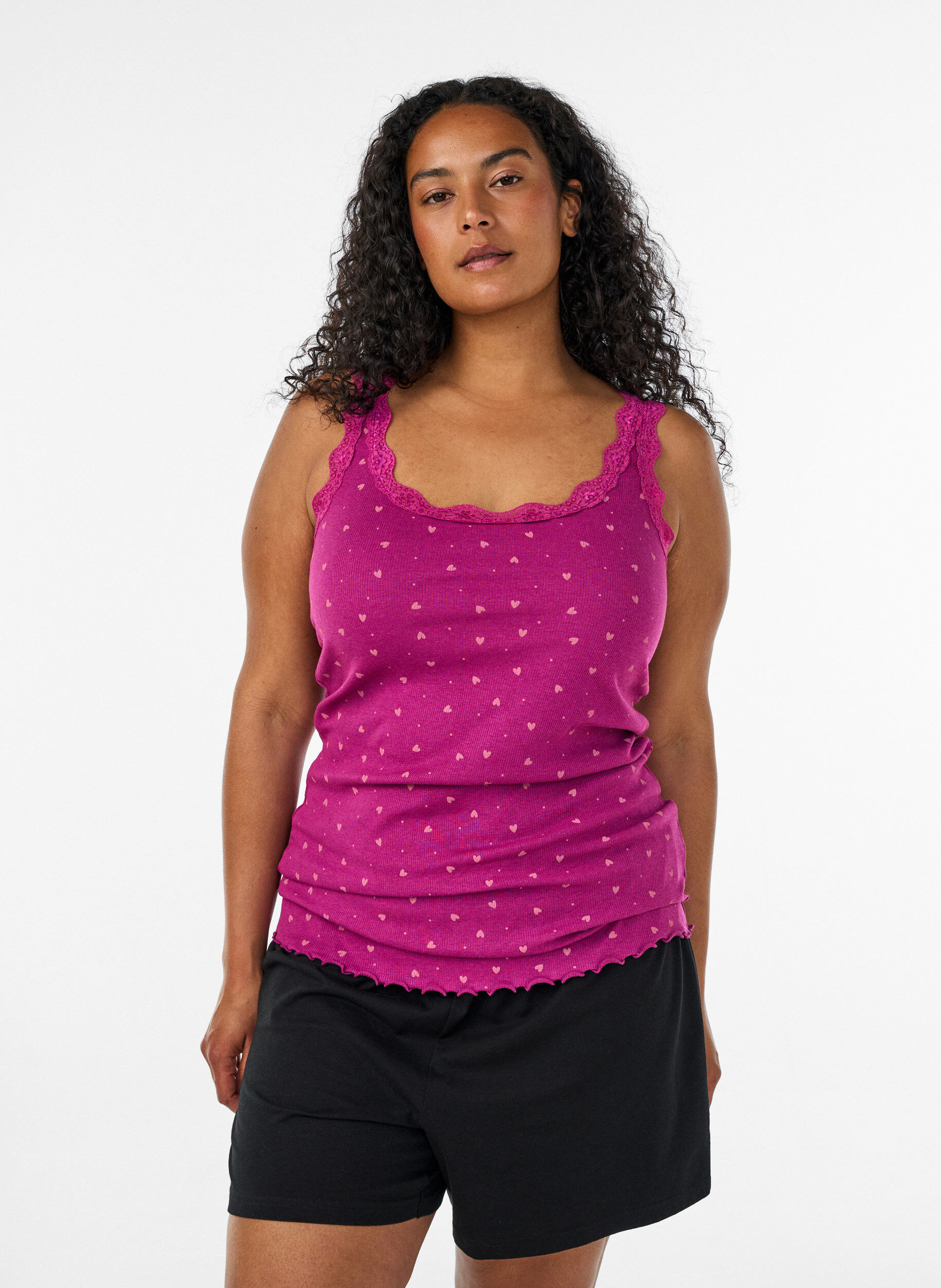 ZizziTop met print en kanten rand, Paars, Model image number 0