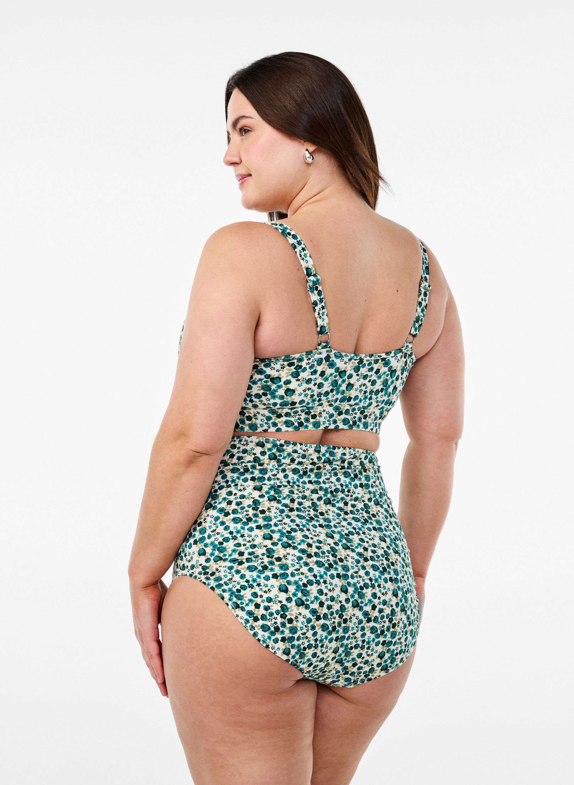 Zizzi Bikinibroekje met extra hoge taille en bloemenprint, Groen, Model image number 1