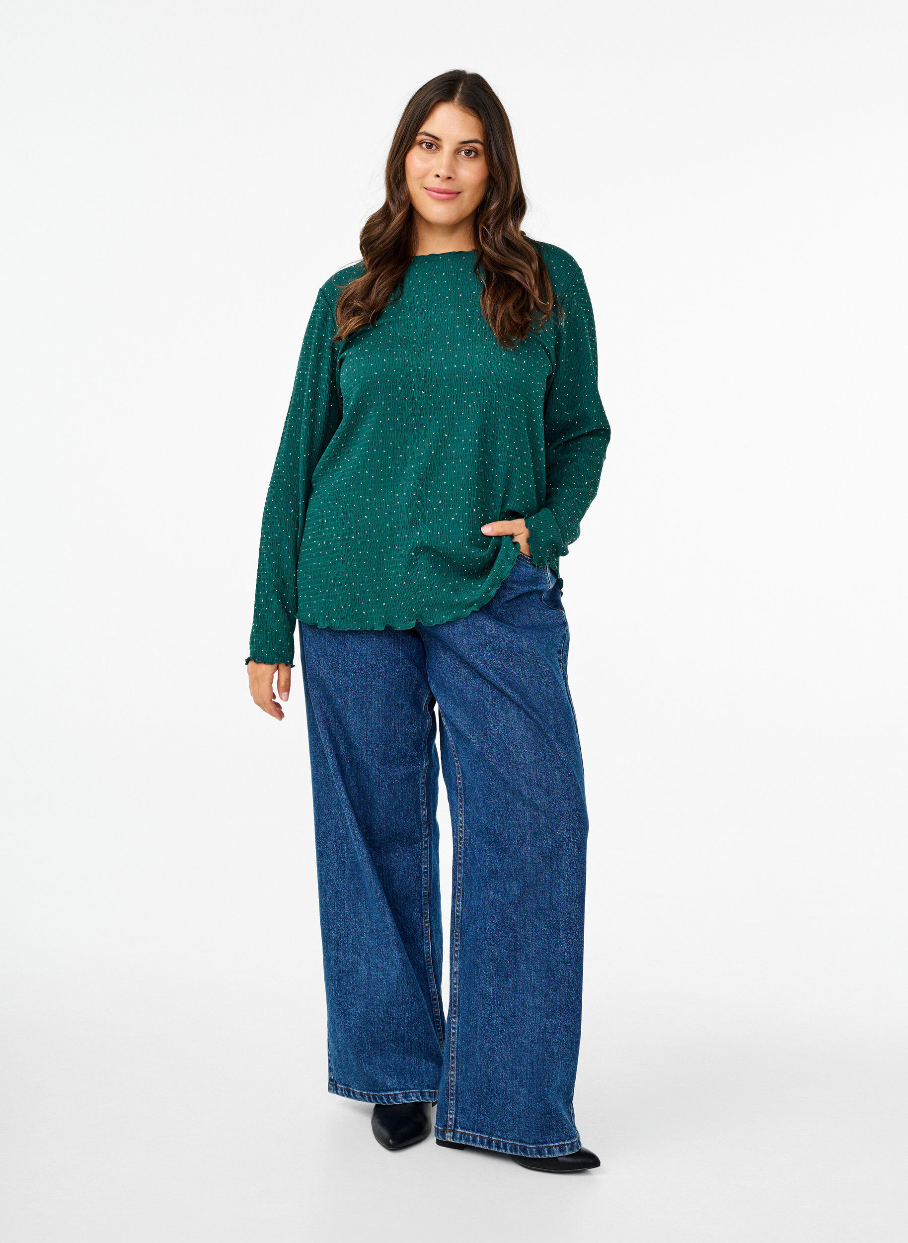 Zizzi Blouse met lange mouwen en strassstenen, Groen, Model image number 1