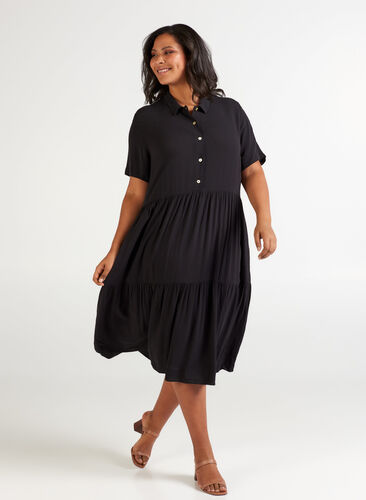 Viscose midi-jurk met korte mouwen, Black solid , Model image number 0