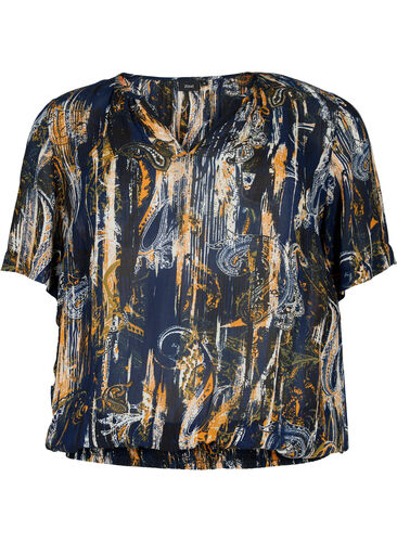 Viscose blouse met korte mouwen en smock, Navy Blazer AOP, Packshot image number 0