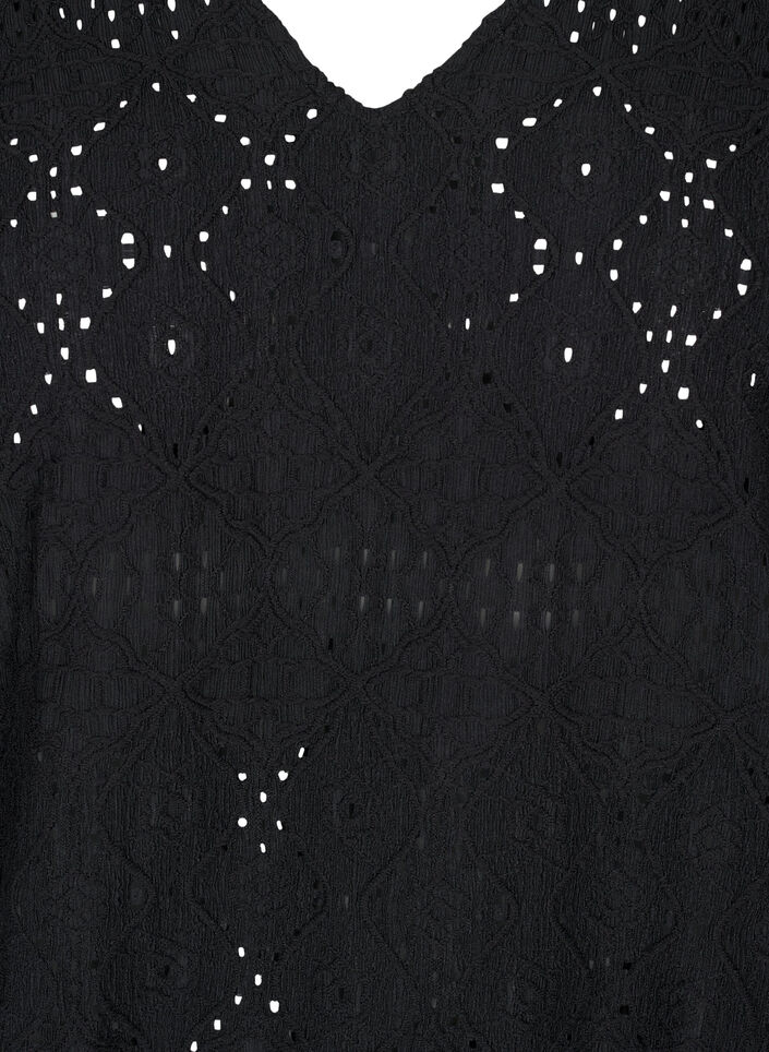 Blouse met lange mouwen, V-hals en gaatjespatroon, Black, Packshot image number 2