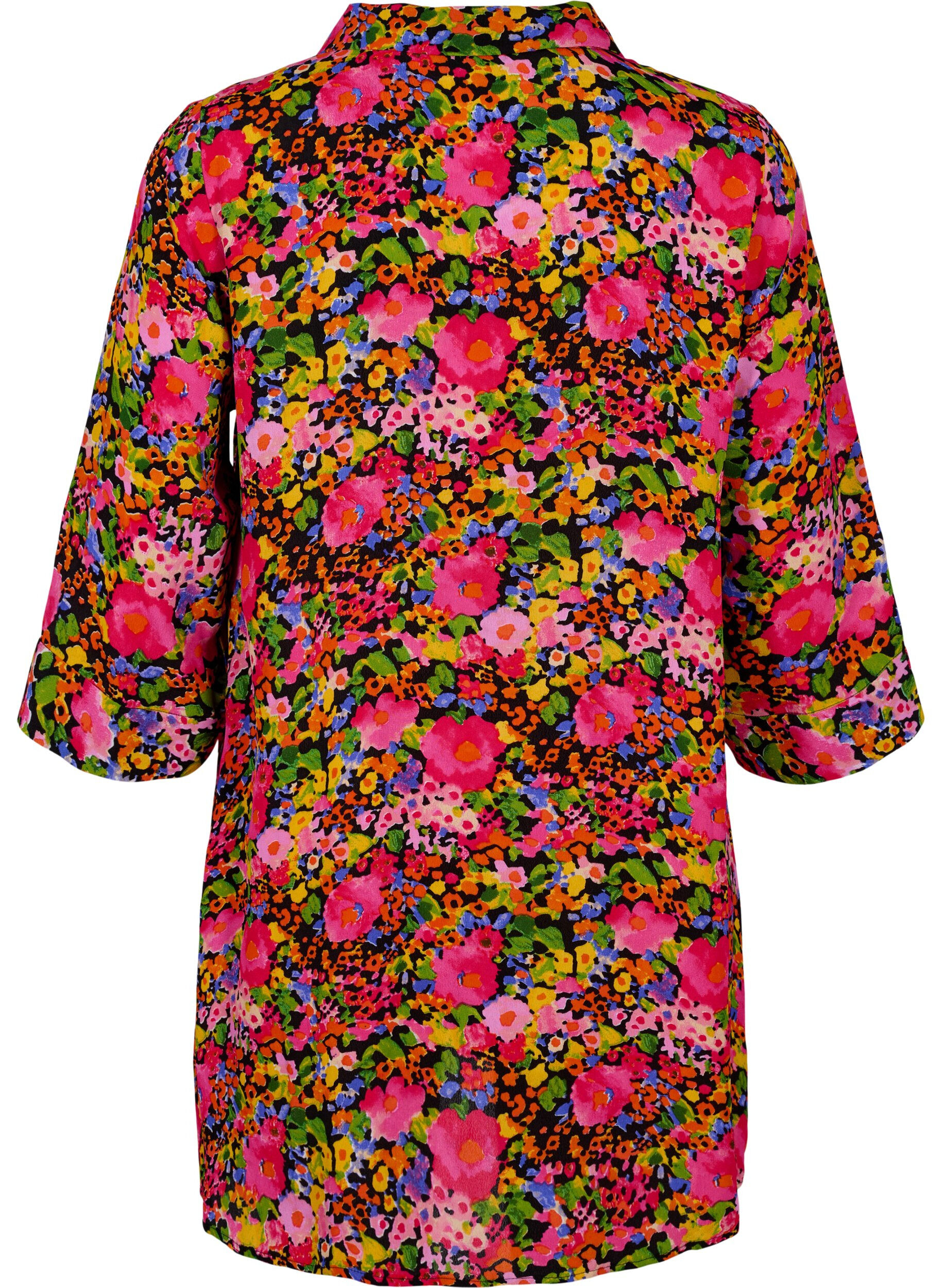 Zizzi Gebloemde viscose tuniek met 3/4 mouwen, Neon Flower Print, Packshot image number 1