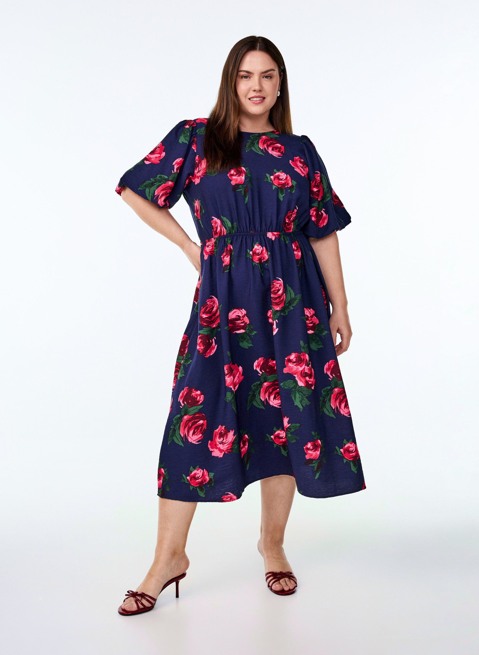 ZizziMidi-jurk met rozenprint en korte ballonmouwen, Blauw, Model image number 1