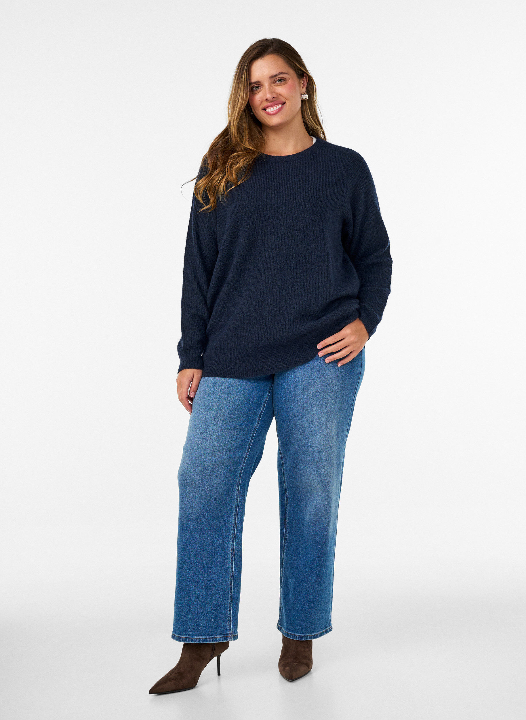 ZizziGem&ecirc;leerde gebreide blouse met ronde hals, Blauw, Model image number 1