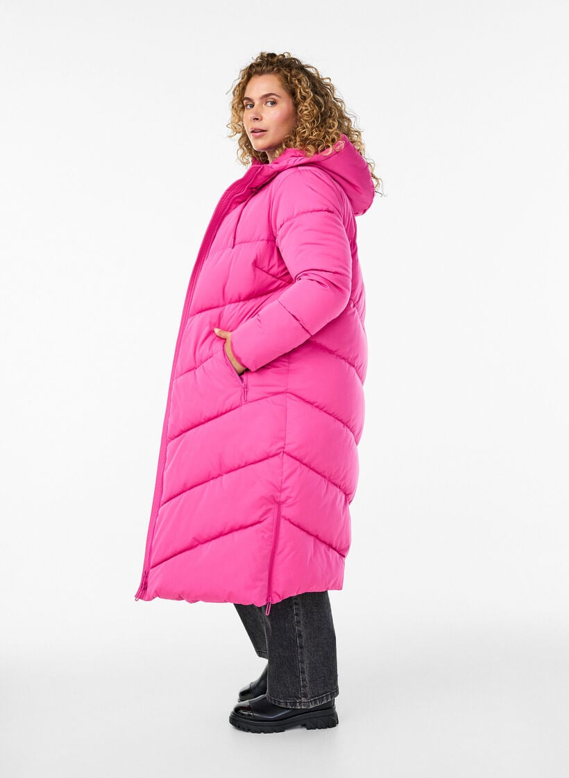 Lange pufferjas met capuchon en zakken, Roze, Model image number 2