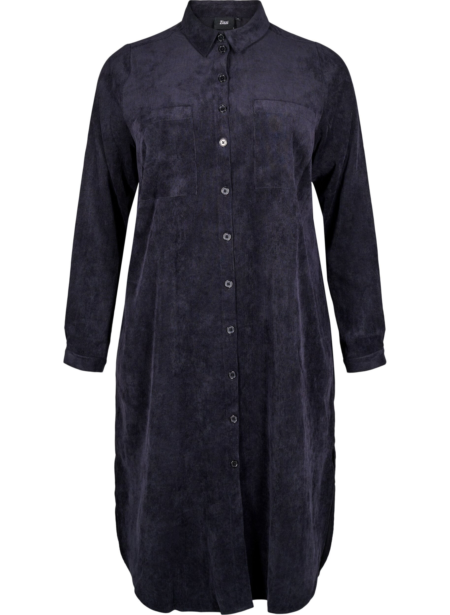 Zizzi Lange corduroy shirt jurk met knopen, Black, Packshot image number 0