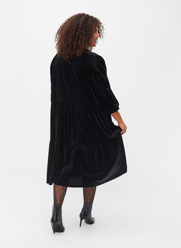Velours jurk met ruche kraag en 3/4 mouwen, Black, Model image number 1