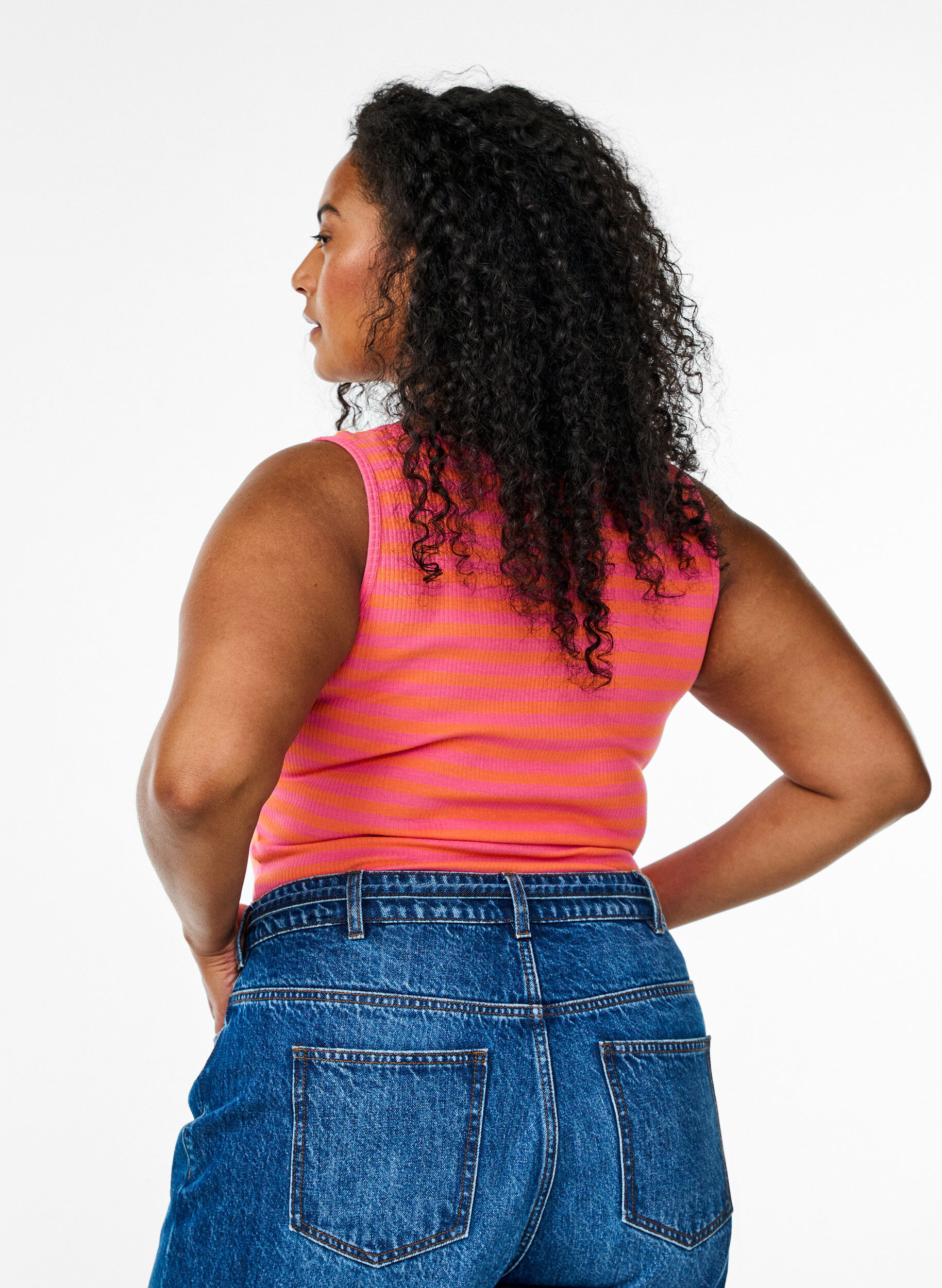 ZizziGestreepte tanktop met een ribstructuur, Oranje, Model image number 2