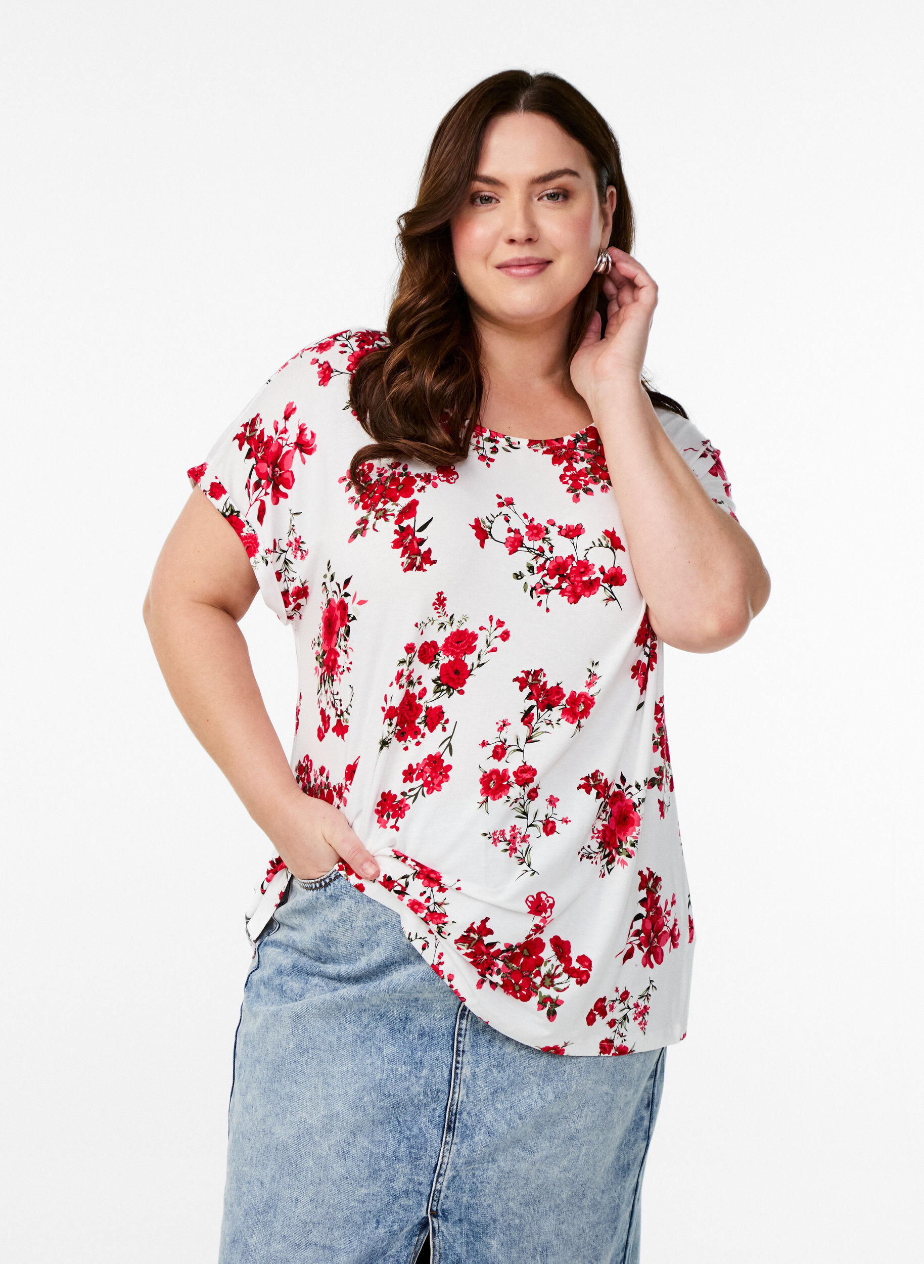 Zizzi T-shirt met bloemenprint, Rood, Model image number 0