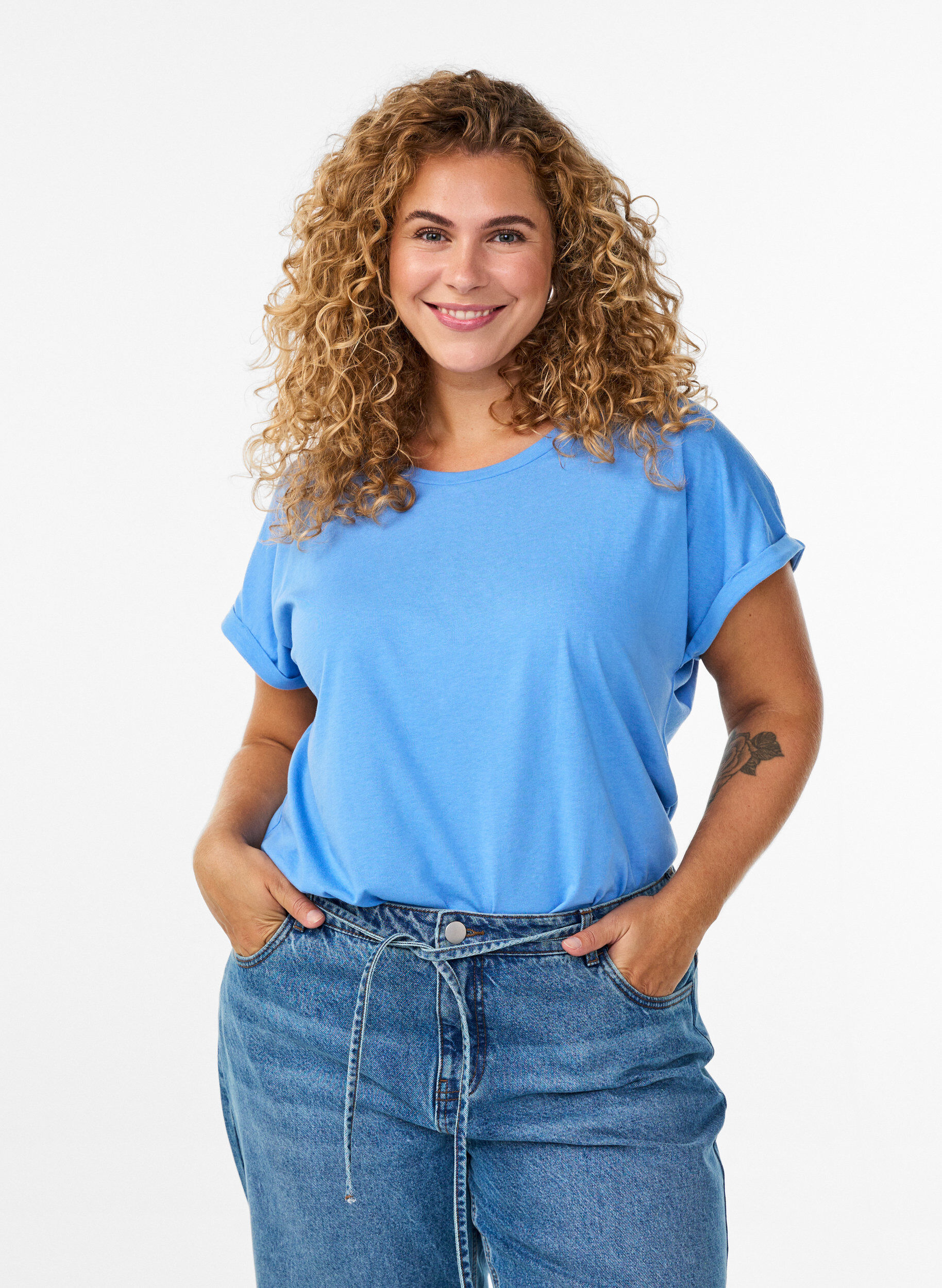 Zizzi T-shirt met korte mouwen van katoenmix, Blauw, Model image number 0