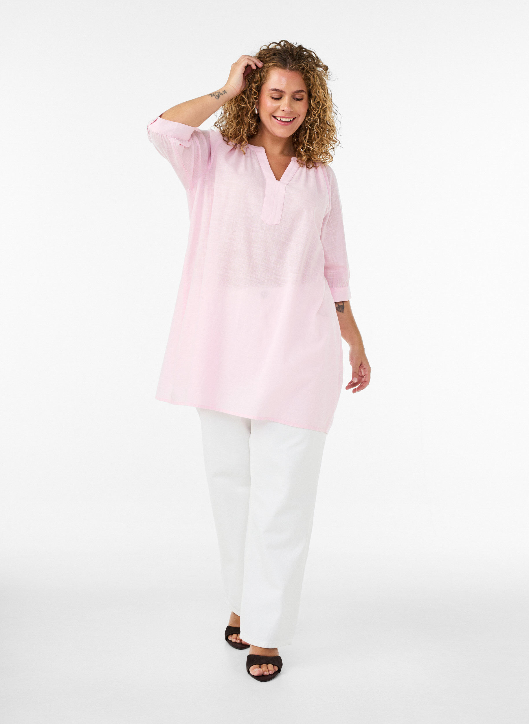 ZizziKatoenen tuniek met V-hals, Roze, Model image number 1