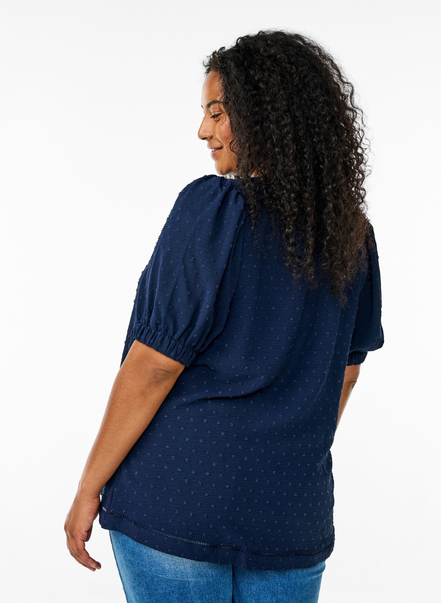 Zizzi Blouse met korte pofmouwen en gestippelde textuur, Navy Blazer, Model image number 1