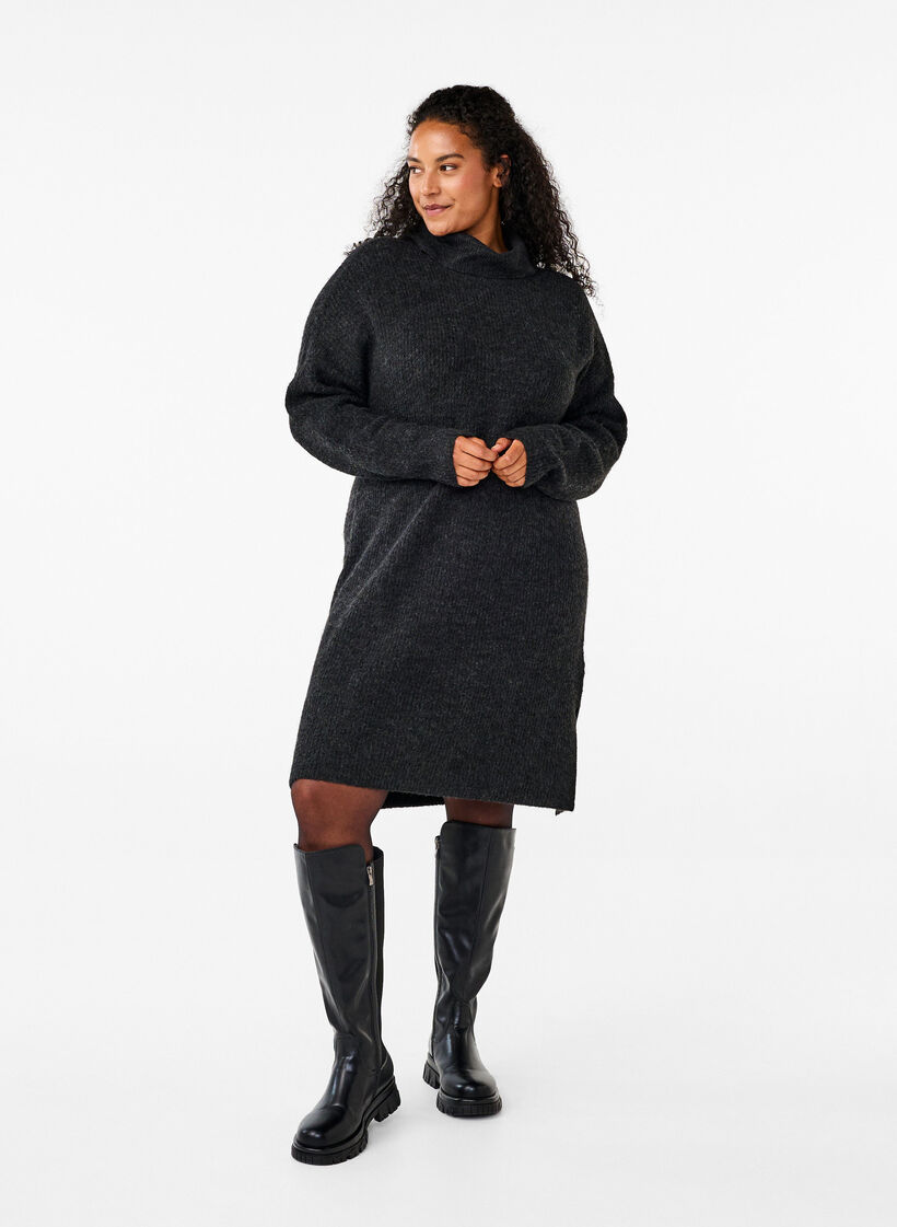 Gebreide jurk met col, Grijs, Model image number 1