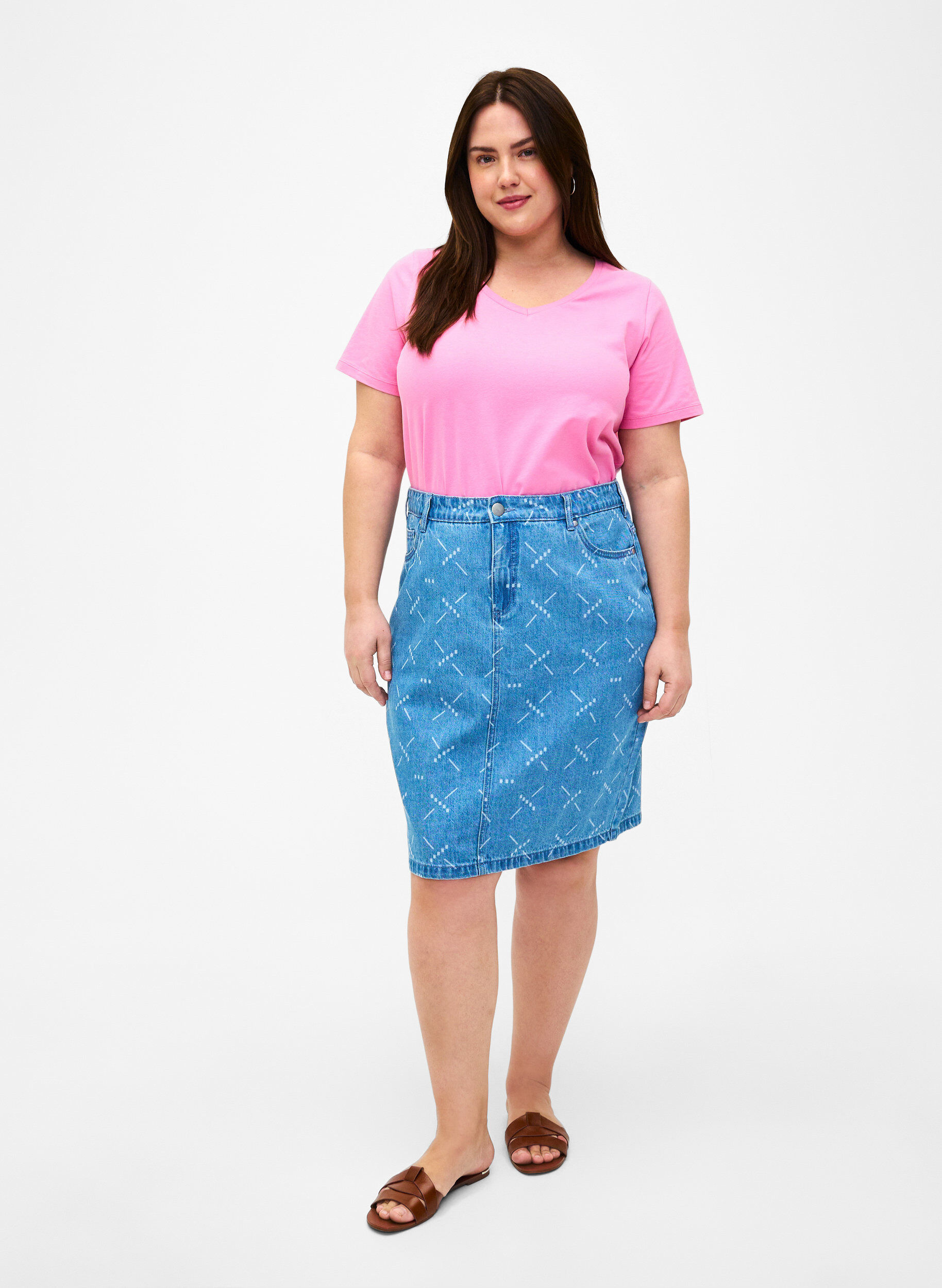 Zizzi Denim rok met patroon, Light blue denim, Model image number 3