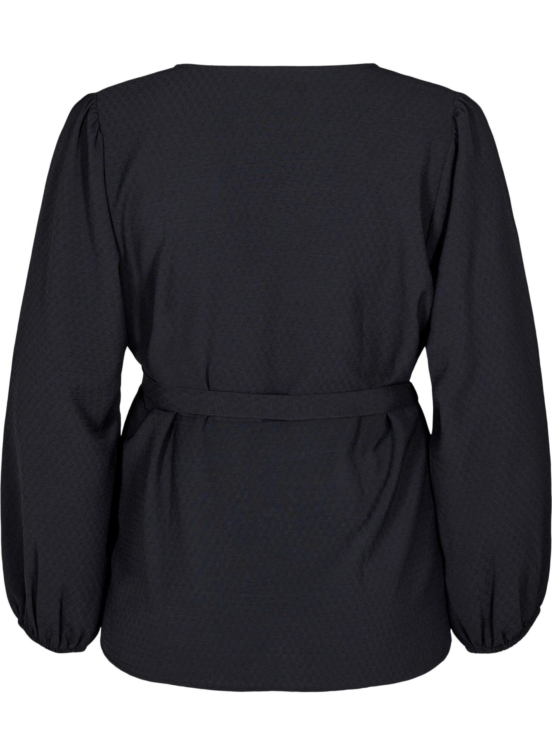 Zizzi Omslagblouse met lange mouwen en striksluiting, Zwart, Packshot image number 1