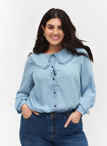 Shirt met grote kraag en ruches, Light blue denim, Model image number 0