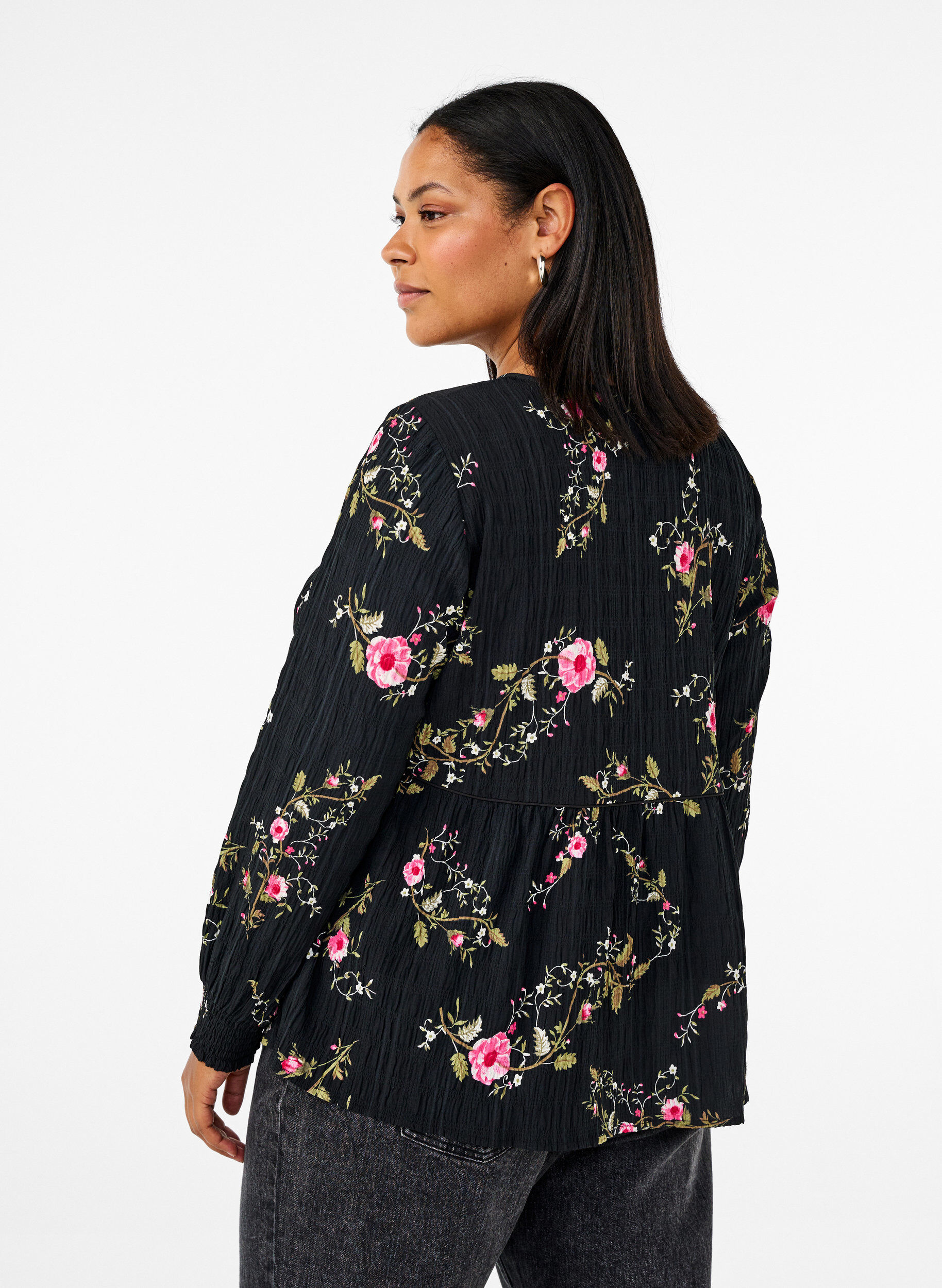 ZizziBlouse met lange mouwen en bloemenprint, Zwart, Model image number 2