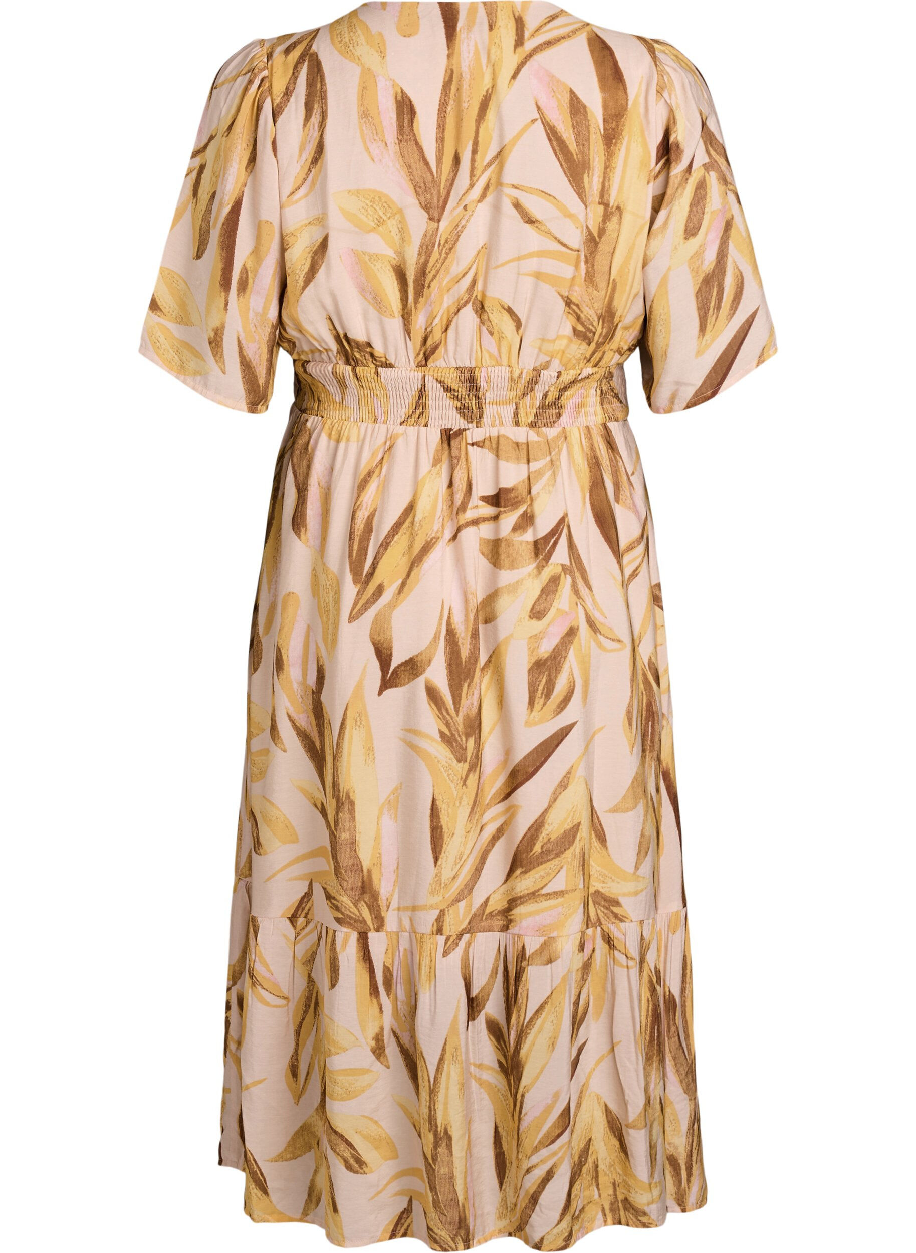 ZizziViscose midijurk met bladprint en gesmokte taille, Geel, Packshot image number 1
