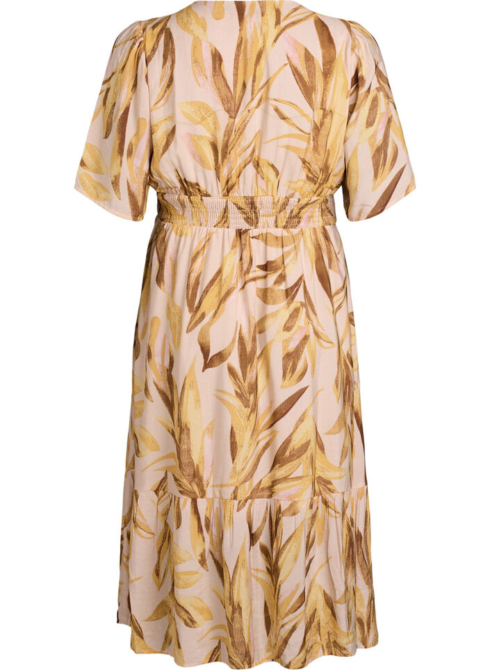 Viscose midijurk met bladprint en gesmokte taille, Geel, Packshot image number 1