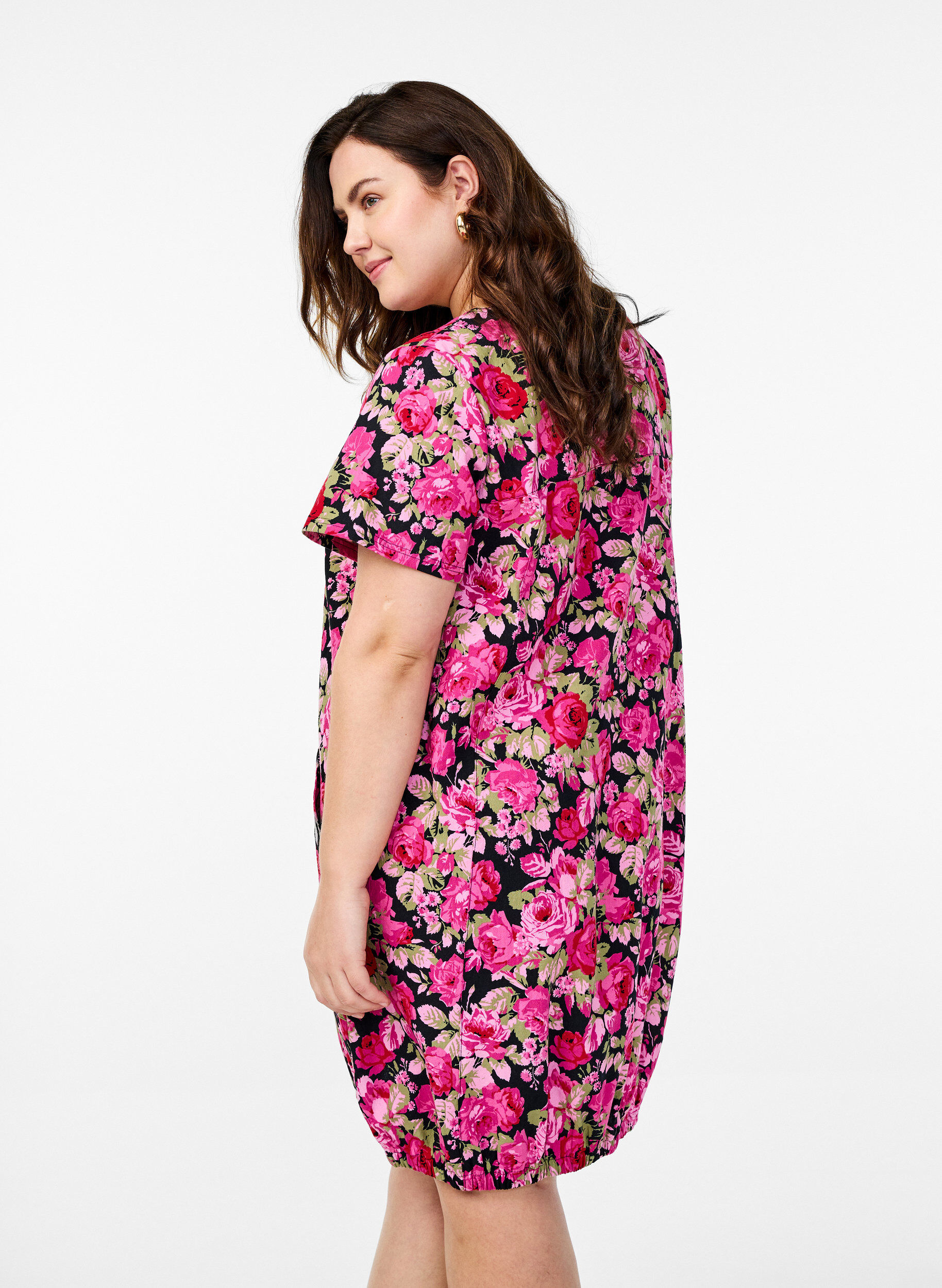 ZizziKatoenen jurk met korte mouwen en print, Zwart, Model image number 2