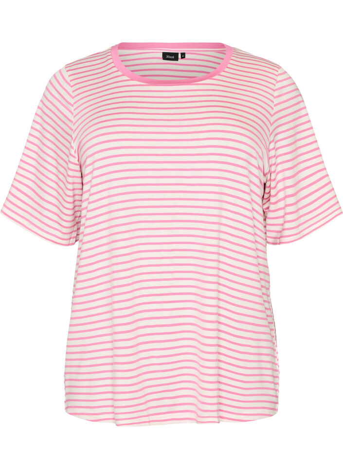 T-shirt met TENCEL&trade; Lyocell en strepen, Roze, Packshot image number 0