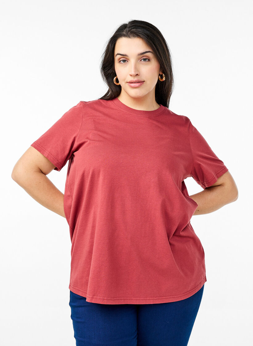 Basic katoenen T-shirt met ronde hals, Rood, Model image number 0