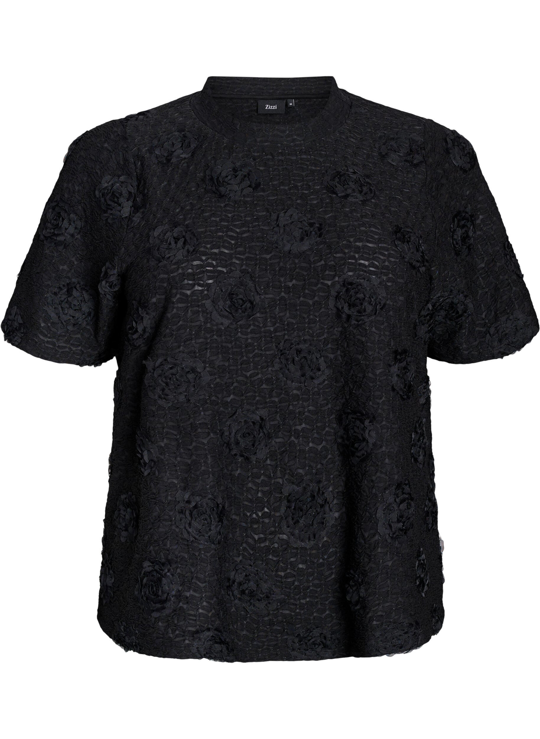 Zizzi Blouse met 3D-bloemen en korte mouwen, Zwart, Packshot image number 0