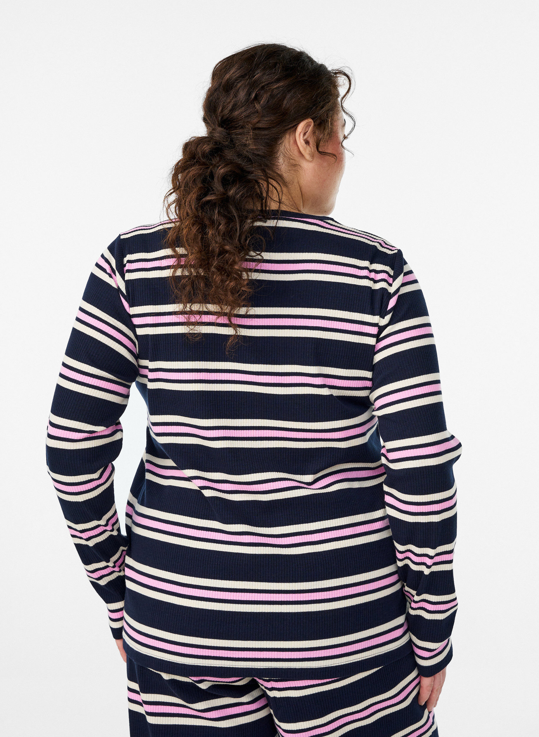 ZizziNachtbovenstuk met lange mouwen in geribde jersey met strepen, Blauw, Model image number 2