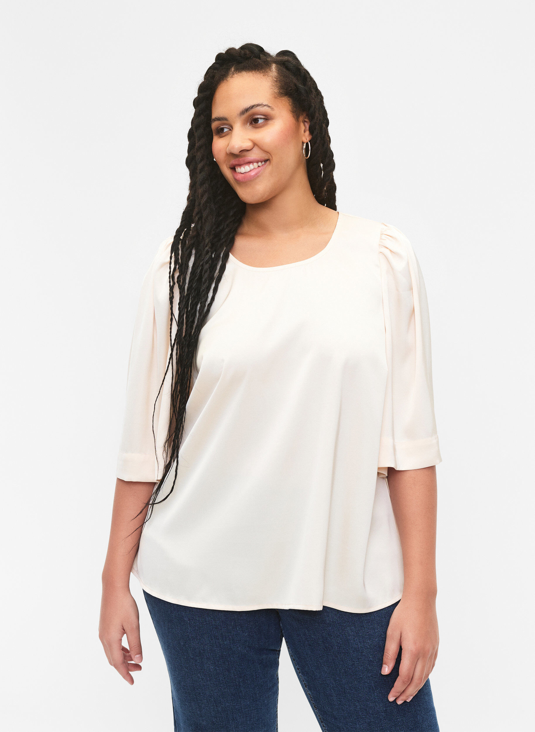 Zizzi Satijnen blouse met halflange mouwen, Champagne, Model image number 0