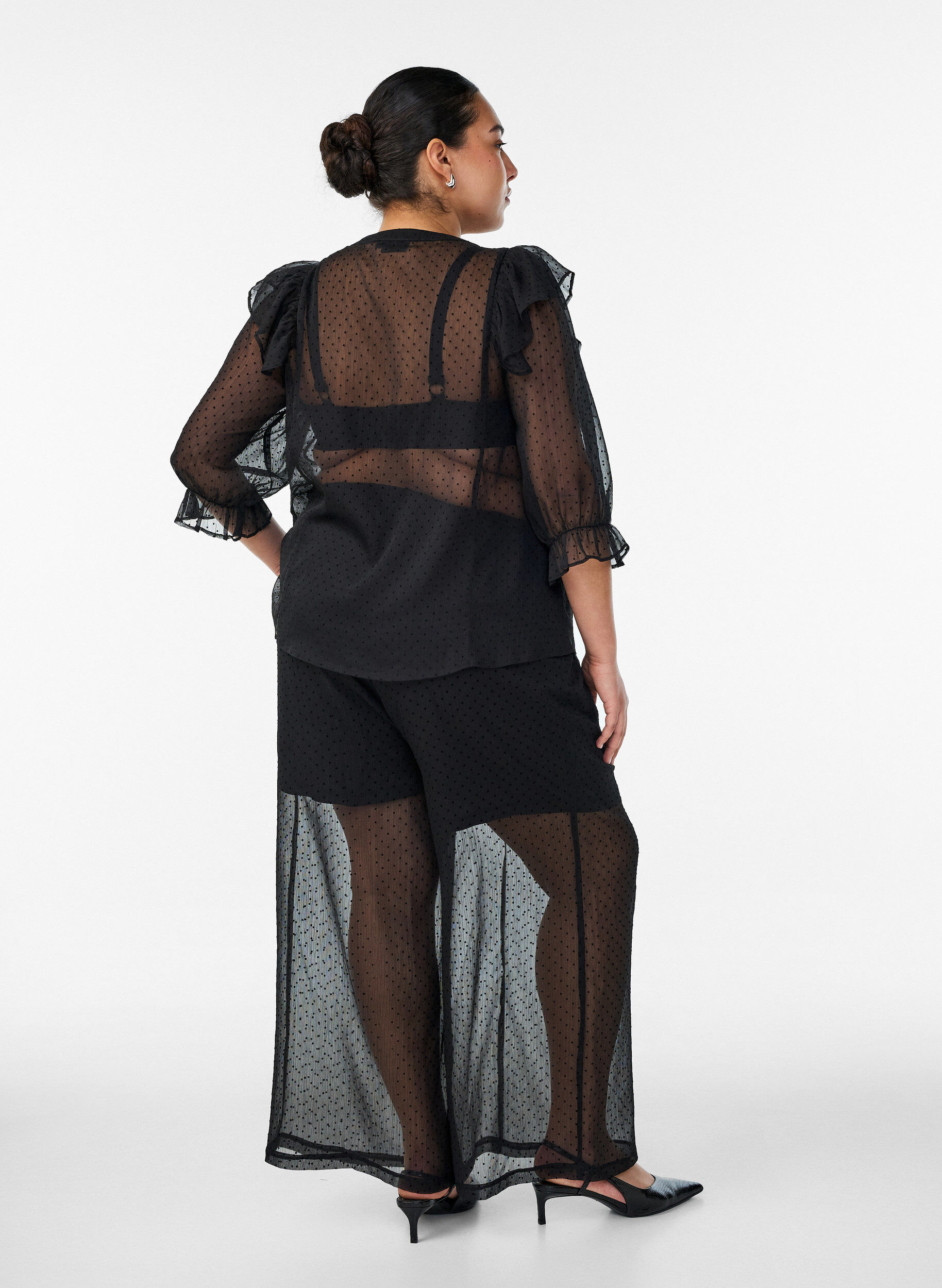 ZizziLosse chiffonbroek met stippen, Zwart, Model image number 1