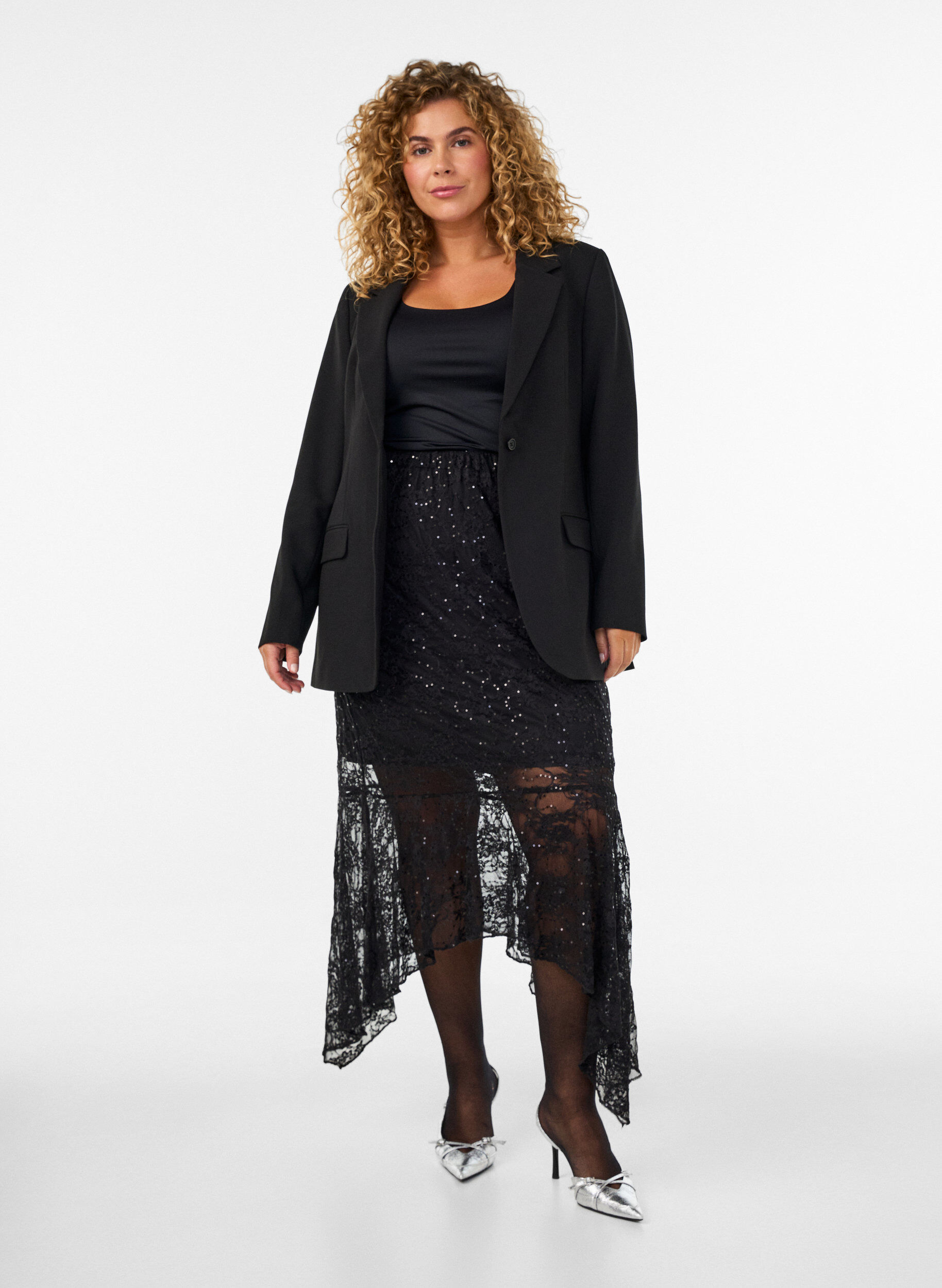 ZizziKanten midirok met pailletten, Zwart, Model image number 1