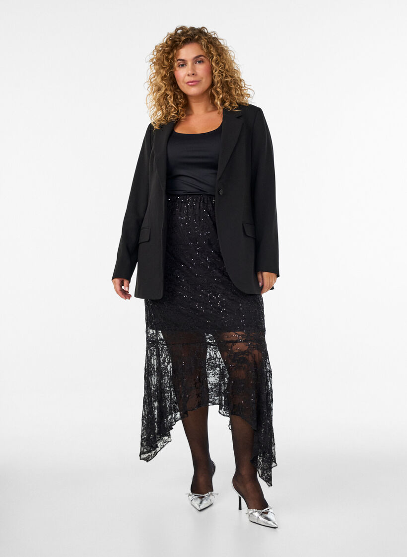 Kanten midirok met pailletten, Zwart, Model image number 1