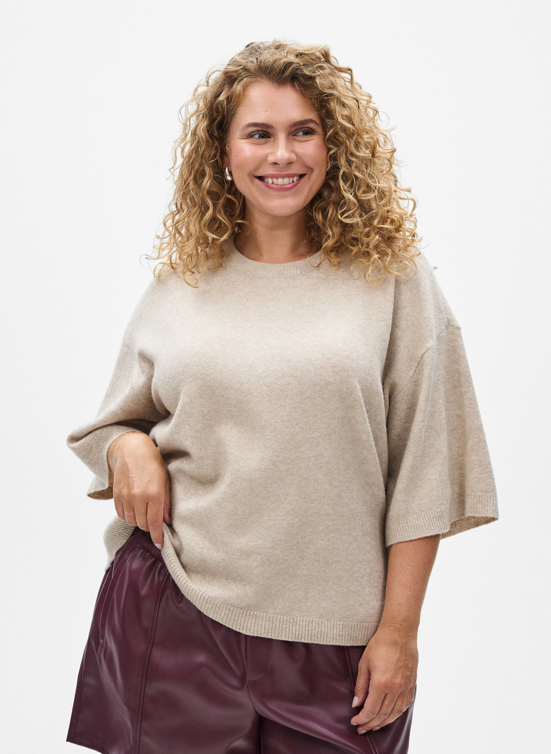 ZizziLos gebreide shirt met korte mouwen, Beige, Model image number 0