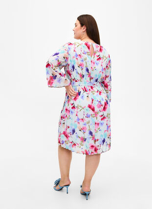 Bedrukte geplooide jurk met bindband, White/MultiFlowerAOP, Model image number 1