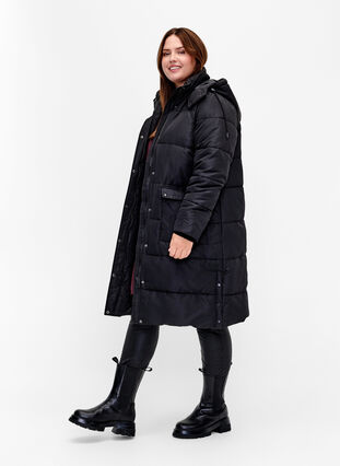 Gewatteerde jas met zakken en capuchon, Black, Model image number 2