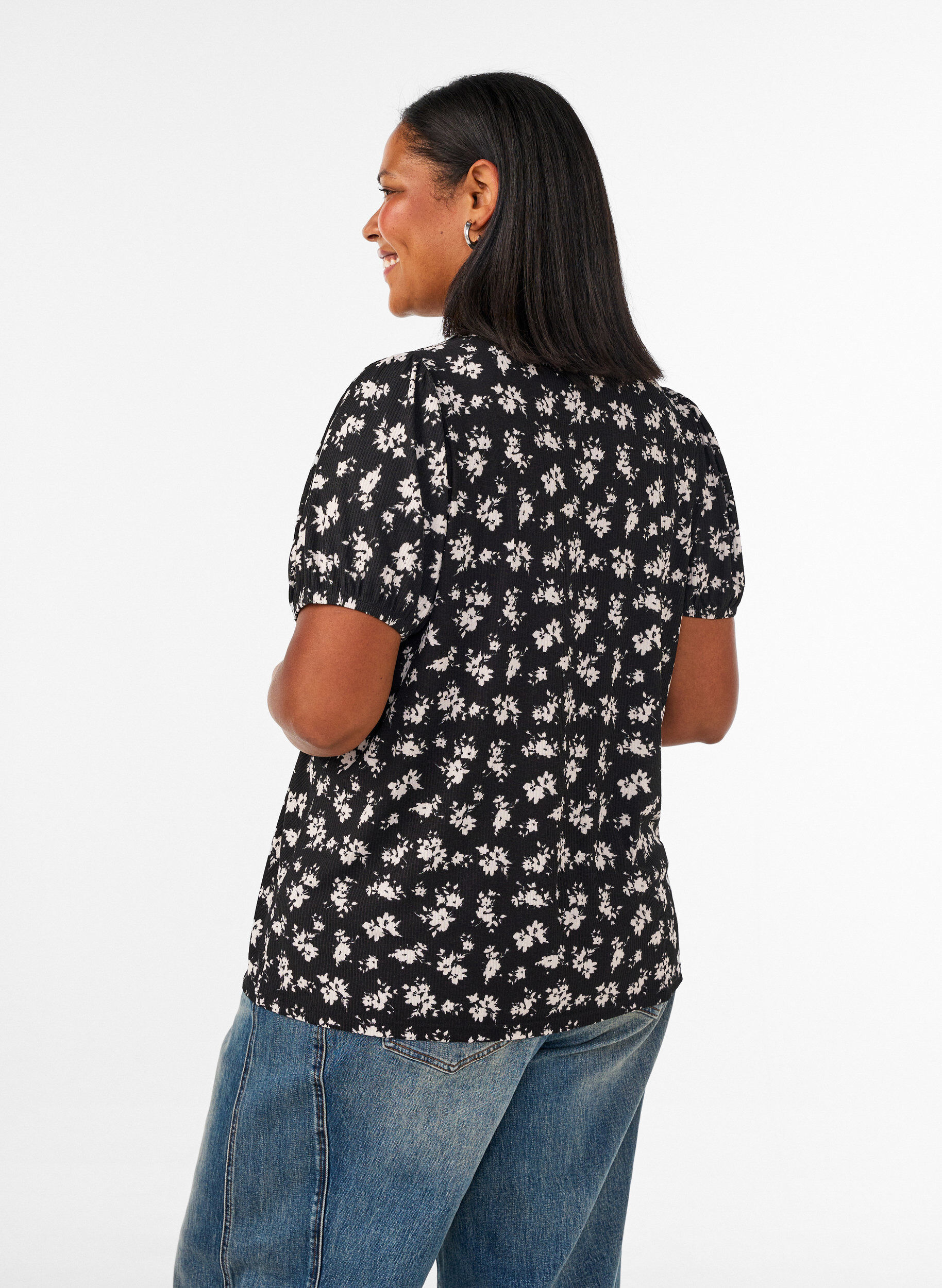 ZizziBlouse met lange mouwen en bloemenprint, Zwart, Model image number 2