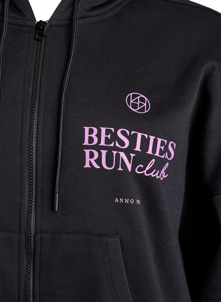 Hoodie met ritssluiting en borstprint, Zwart, Packshot image number 2