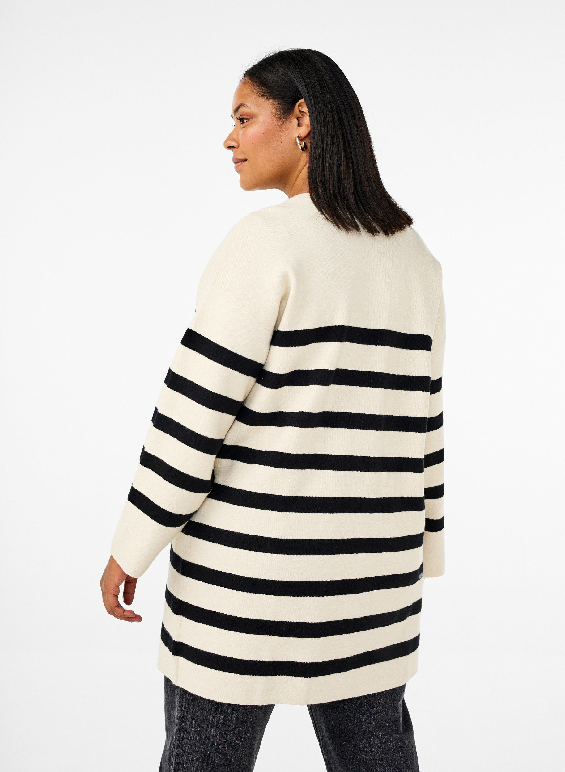 Zizzi Lange gestreepte gebreide cardigan, Birch w/Black, Model image number 1
