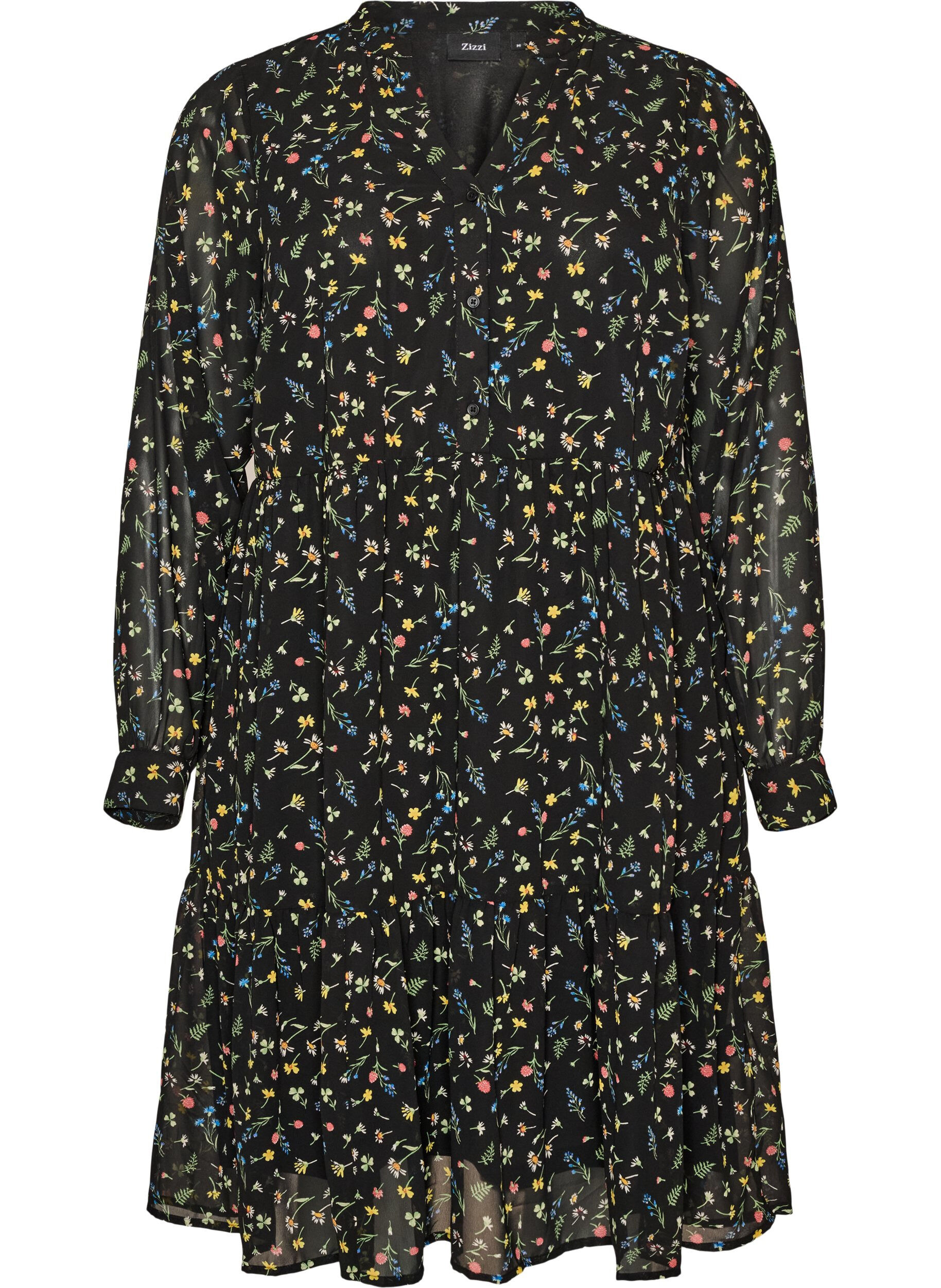 ZizziJurk met all-overprint en een volantlaag, Zwart, Packshot image number 0